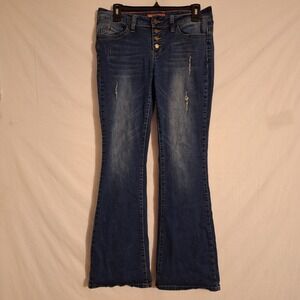 YMI Denim Jeans Junior Women's 11 Low Rise Distress Button-fly Flare Leg Dark